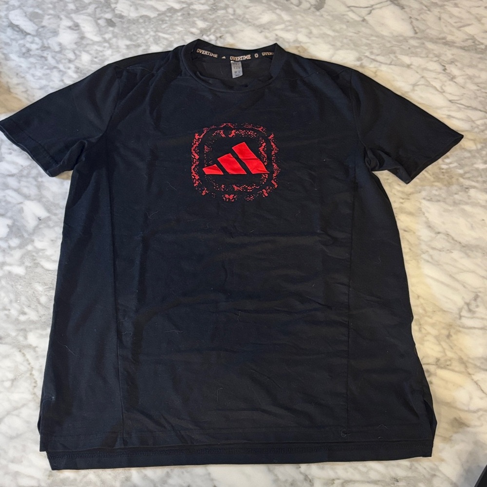 Adidas Men's Tee in Black with Red Overtime logo, size small